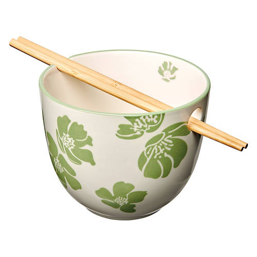 Ceramic Noodle Bowl with Wooden Chopsticks - Green