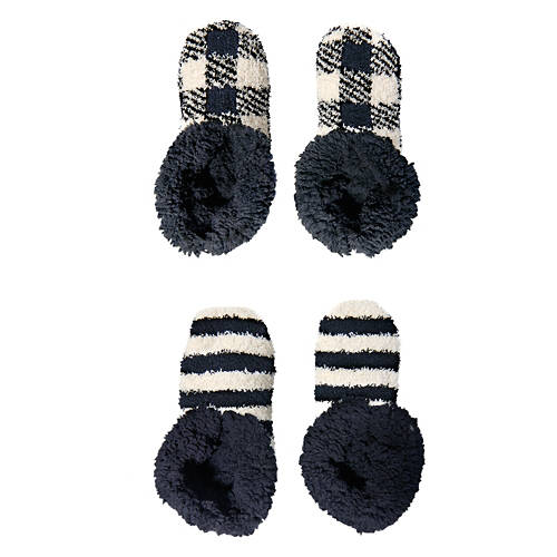 Ladies 2 Pack Slipper Socks - Plaid/Stripes