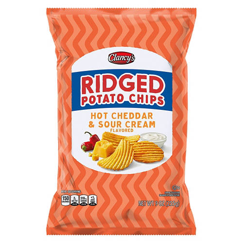 Hot Cheddar and Sour Cream Ridged Potato Chips, 9 oz Product Image Front shot 01