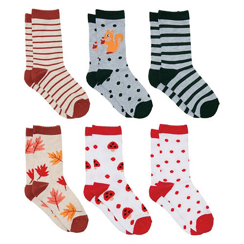 Childrens 6 Pack Crew Socks - Leaves, M