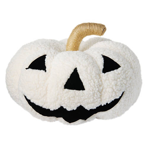 White Jack-O-Lantern Shaped Halloween Sherpa Pillow - 11” Diameter