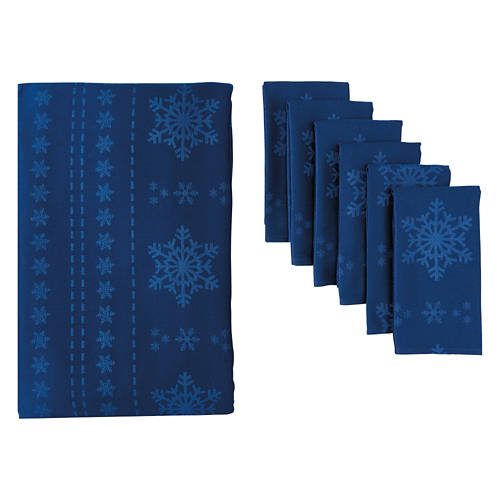 60" x 104" Tablecloth & Napkin Set - Blue Jacquard