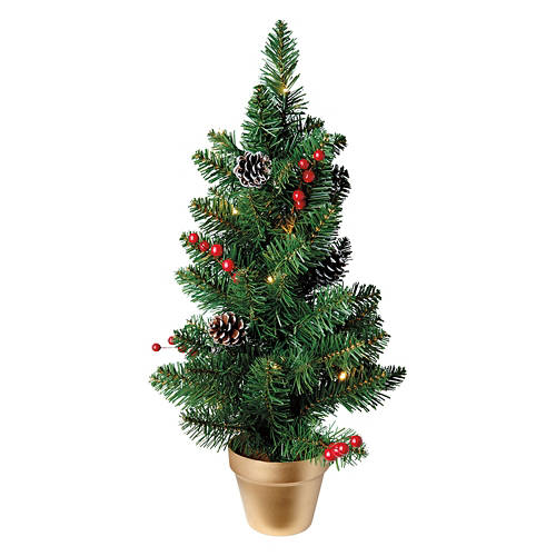 2 Foot Pre-Lit Tabletop Green Tree with Gold Base