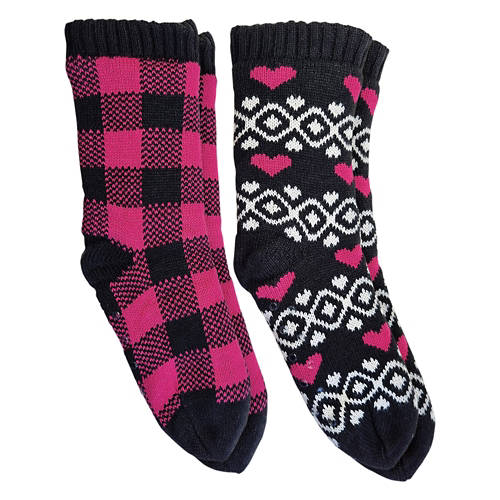 Ladies 2 Pack Chunky Knit Slipper Socks - Plaid/Hearts