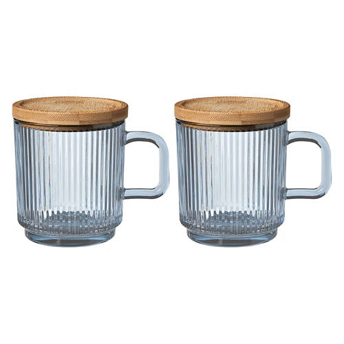 2 Pack Glass Coffee Mugs with Bamboo Lid - Light Blue