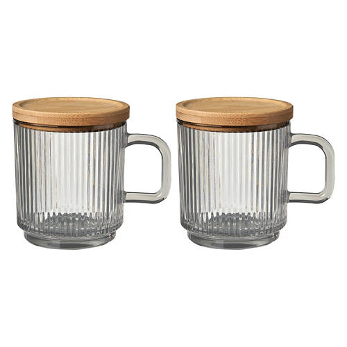 2 Pack Glass Coffee Mugs with Bamboo Lid - Grey