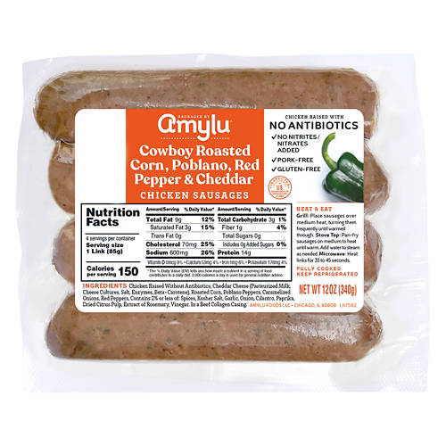 Cowboy  Roasted Corn, Poblano, Red Pepper, & Cheddar Chicken Sausage, 12 oz Product Image Front shot 01