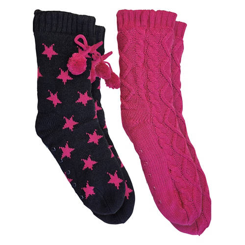 Ladies 2 Pack Chunky Knit Slipper Socks - Wine/Stars